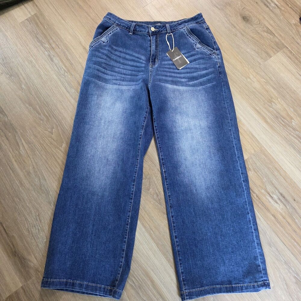Flamingals Sz 2XL Wide Leg Jeans Mid Waist Baggy Stitch Decor Washed Pants New